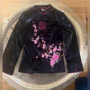 Y2K Black Satin Mandarin Collar Embroidered Top